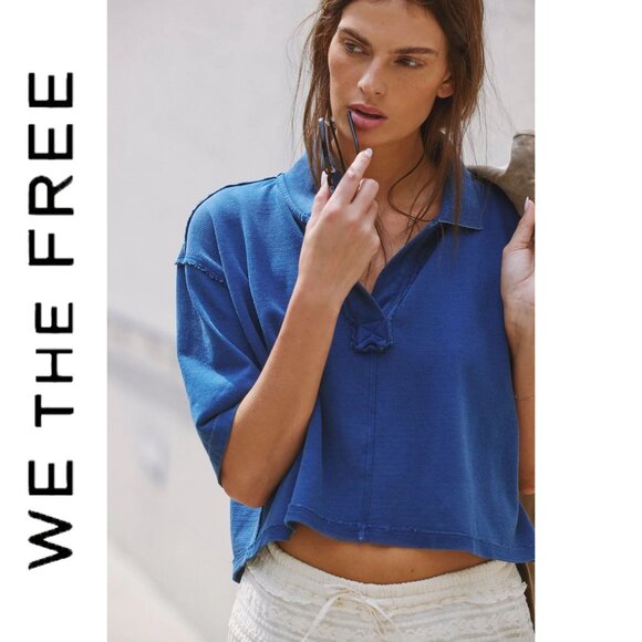 Free People | We The Free | Denmark Polo Top in Bellweather Blue | XL - Picture 4 of 6